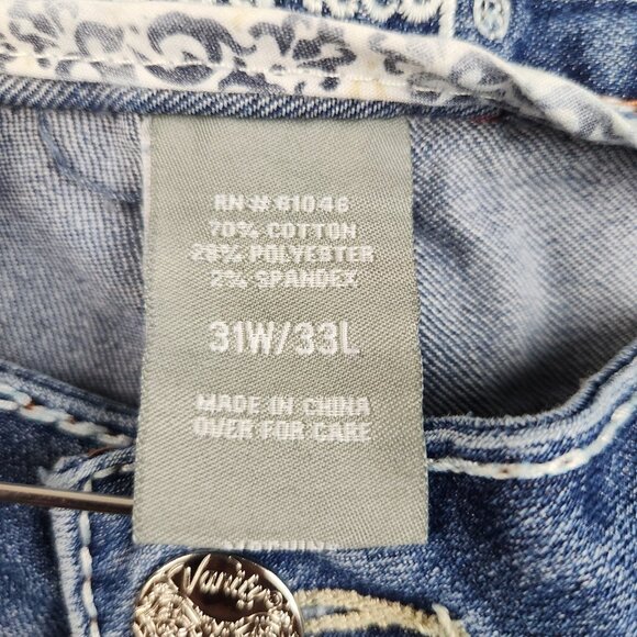 Y2K Vanity Jeans Womens 31x33 Blue Flared Low Rise Whiskered Fleur De Lis Pocket - Picture 8 of 12